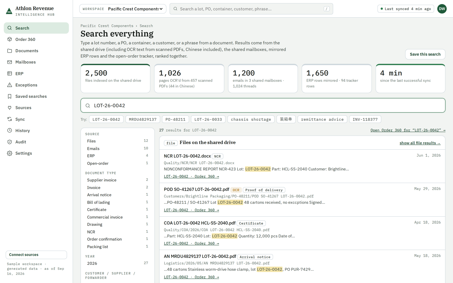 One search over files, emails, ERP rows and trackers