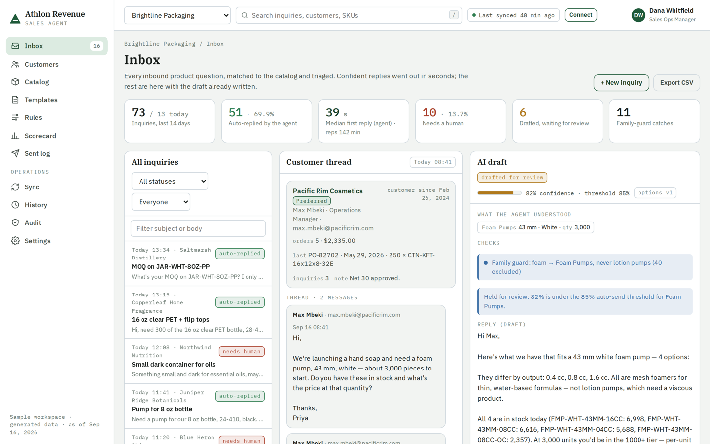 Inquiry inbox with AI draft and product cards